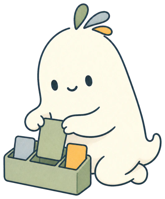 Learnimo mascot filing study cards into a tidy organizer