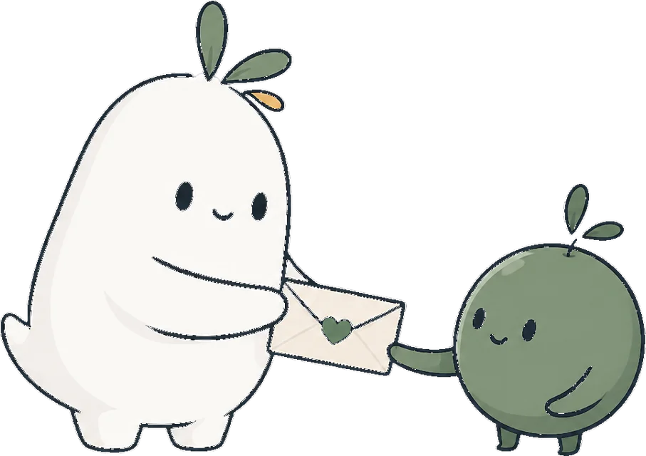 Learnimo mascot sharing an envelope with a friend